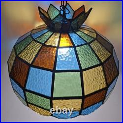 Vtg 88 Panel Stained Glass Hanging Lamp Multicolor Crown Shade Pure Glass 19