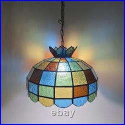 Vtg 88 Panel Stained Glass Hanging Lamp Multicolor Crown Shade Pure Glass 19