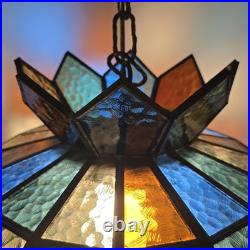 Vtg 88 Panel Stained Glass Hanging Lamp Multicolor Crown Shade Pure Glass 19