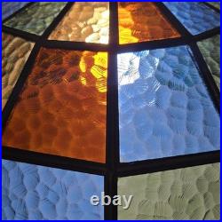 Vtg 88 Panel Stained Glass Hanging Lamp Multicolor Crown Shade Pure Glass 19