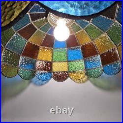 Vtg 88 Panel Stained Glass Hanging Lamp Multicolor Crown Shade Pure Glass 19