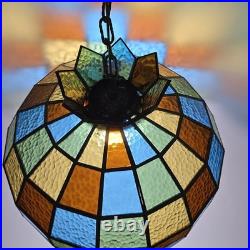 Vtg 88 Panel Stained Glass Hanging Lamp Multicolor Crown Shade Pure Glass 19