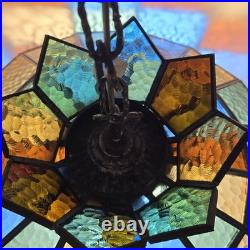 Vtg 88 Panel Stained Glass Hanging Lamp Multicolor Crown Shade Pure Glass 19