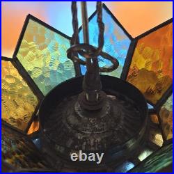 Vtg 88 Panel Stained Glass Hanging Lamp Multicolor Crown Shade Pure Glass 19