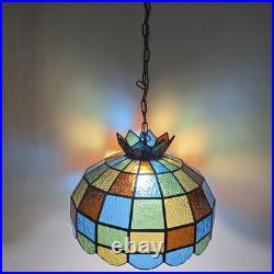 Vtg 88 Panel Stained Glass Hanging Lamp Multicolor Crown Shade Pure Glass 19