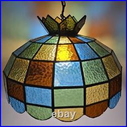 Vtg 88 Panel Stained Glass Hanging Lamp Multicolor Crown Shade Pure Glass 19
