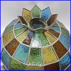 Vtg 88 Panel Stained Glass Hanging Lamp Multicolor Crown Shade Pure Glass 19