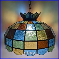 Vtg 88 Panel Stained Glass Hanging Lamp Multicolor Crown Shade Pure Glass 19