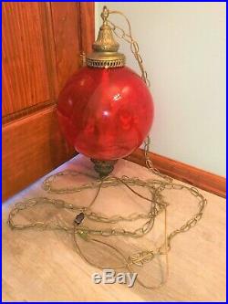 Vtg ATOMIC ORANGE Glass Hanging Ball Swag Light/Lamp Mid Century NOT AMBER & RED
