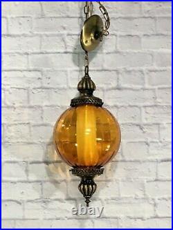 Vtg Amber Glass Hanging Light with Chain MCM Swag Lamp Ceiling Pendant Retro