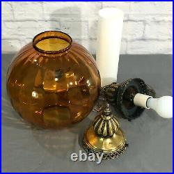 Vtg Amber Glass Hanging Light with Chain MCM Swag Lamp Ceiling Pendant Retro