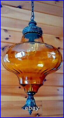 Vtg/Antique 1960's-70's Retro MCM Amber Glass Hanging Swag Chain Lamp Light