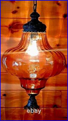 Vtg/Antique 1960's-70's Retro MCM Amber Glass Hanging Swag Chain Lamp Light