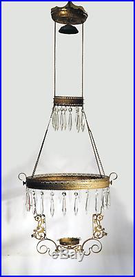 Vtg Antique Bradley & Hubbard B&h Hanging Pull Down Oil Lamp Brass Frame Prisms