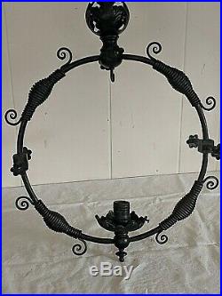 Vtg Antique Ceiling Fixture Chandelier Ornate Cast & Wrought Iron Hanging Lamp