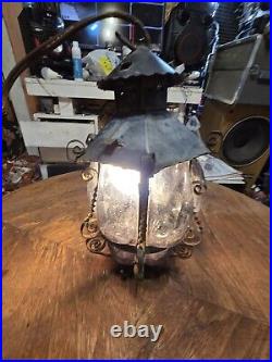 Vtg Antique Twisted Iron Awesome Inn/Outdoor Hanging Glass Lamp with Purple Glass