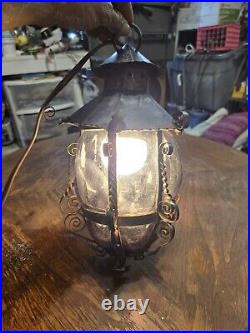 Vtg Antique Twisted Iron Awesome Inn/Outdoor Hanging Glass Lamp with Purple Glass