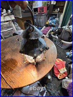 Vtg Antique Twisted Iron Awesome Inn/Outdoor Hanging Glass Lamp with Purple Glass