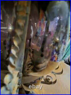 Vtg Antique Twisted Iron Awesome Inn/Outdoor Hanging Glass Lamp with Purple Glass