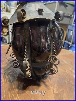 Vtg Antique Twisted Iron Awesome Inn/Outdoor Hanging Glass Lamp with Purple Glass