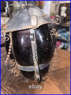 Vtg Antique Twisted Iron Awesome Inn/Outdoor Hanging Glass Lamp with Purple Glass