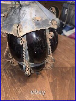 Vtg Antique Twisted Iron Awesome Inn/Outdoor Hanging Glass Lamp with Purple Glass