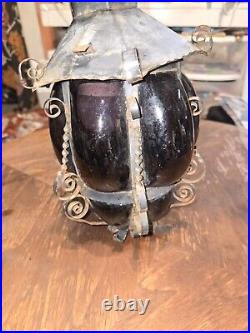 Vtg Antique Twisted Iron Awesome Inn/Outdoor Hanging Glass Lamp with Purple Glass