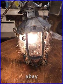 Vtg Antique Twisted Iron Awesome Inn/Outdoor Hanging Glass Lamp with Purple Glass