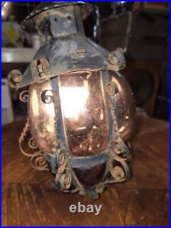 Vtg Antique Twisted Iron Awesome Inn/Outdoor Hanging Glass Lamp with Purple Glass