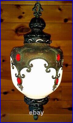Vtg/Antique UNIQUE Hollywood Regency Ruby Red Jeweled Glass Swag Light/Lamp