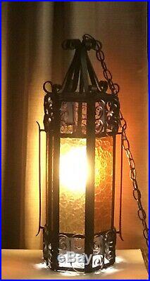 Vtg Black Wrought Iron Spanish Revival Gothic Amber Glass Hanging Swag Lamp