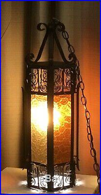 Vtg Black Wrought Iron Spanish Revival Gothic Amber Glass Hanging Swag Lamp