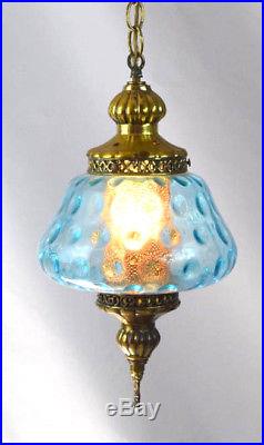 Vtg Blue Glass Brass Metal Swag Hanging Pendant Lamp Light Home Lighting Decor