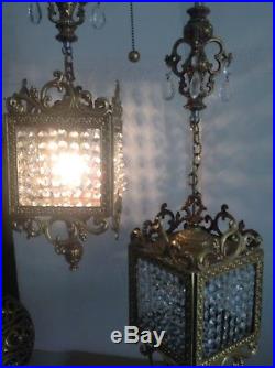 Vtg Brass Glass Prism Retro 2 Tier Hanging Swag Light Fixture Victorian Lamp MCM