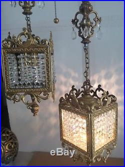 Vtg Brass Glass Prism Retro 2 Tier Hanging Swag Light Fixture Victorian Lamp MCM