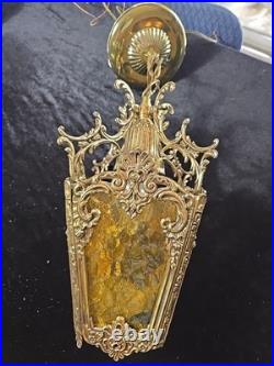 Vtg Brass Gold Hanging Lamp Gothic Ornate 13 Pendant Amber Textured Glass