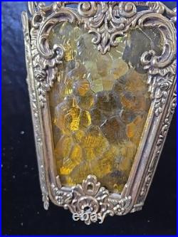 Vtg Brass Gold Hanging Lamp Gothic Ornate 13 Pendant Amber Textured Glass