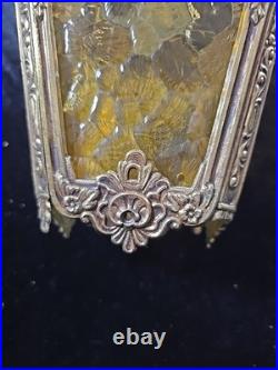 Vtg Brass Gold Hanging Lamp Gothic Ornate 13 Pendant Amber Textured Glass