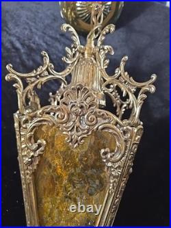 Vtg Brass Gold Hanging Lamp Gothic Ornate 13 Pendant Amber Textured Glass