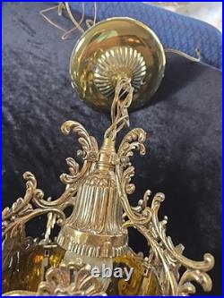 Vtg Brass Gold Hanging Lamp Gothic Ornate 13 Pendant Amber Textured Glass