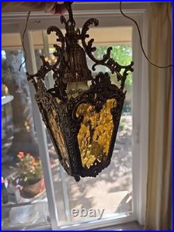 Vtg Brass Gold Hanging Lamp Gothic Ornate 13 Pendant Amber Textured Glass
