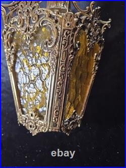 Vtg Brass Gold Hanging Lamp Gothic Ornate 13 Pendant Amber Textured Glass