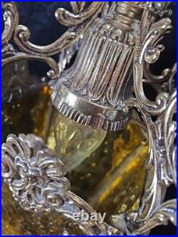 Vtg Brass Gold Hanging Lamp Gothic Ornate 13 Pendant Amber Textured Glass