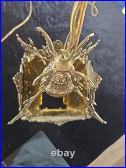 Vtg Brass Gold Hanging Lamp Gothic Ornate 13 Pendant Amber Textured Glass