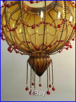 Vtg Brass & Hand Blown Beaded Cage Glass Hanging Lantern Candle Holder Lamp Pair