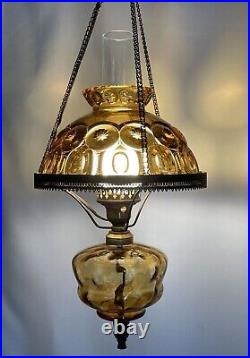 Vtg Brass Hanging Oil Lamp Chandelier Amber Glass Shade Farmhouse Country Cabin