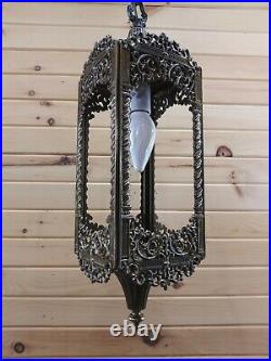 Vtg Brass Retro Gothic Spanish/Tudor Hanging Swag Light/Lamp Rose Window Panels