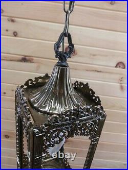 Vtg Brass Retro Gothic Spanish/Tudor Hanging Swag Light/Lamp Rose Window Panels