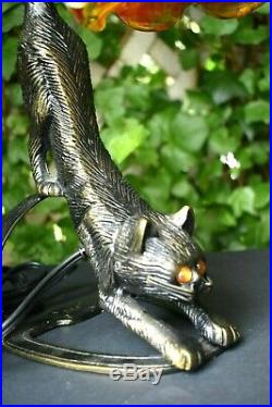Vtg. Bronze Metal Cat Lamp Hanging Murano Tulip Shade Amber Eyes POUNCING 14