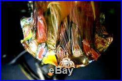 Vtg. Bronze Metal Cat Lamp Hanging Murano Tulip Shade Amber Eyes POUNCING 14